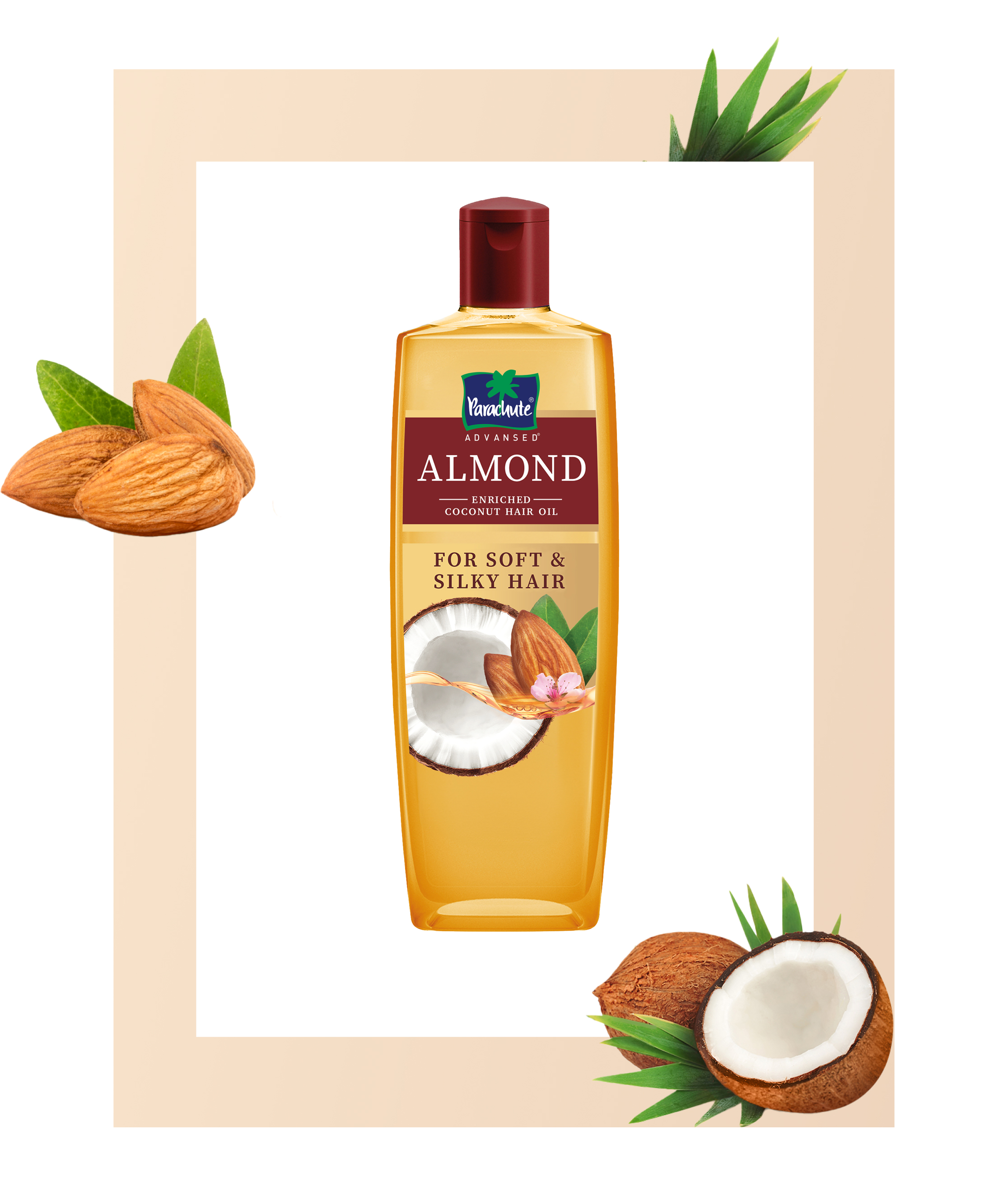 A bottle of Parachute Advansed Almond hair oil for Soft and Silky Hair