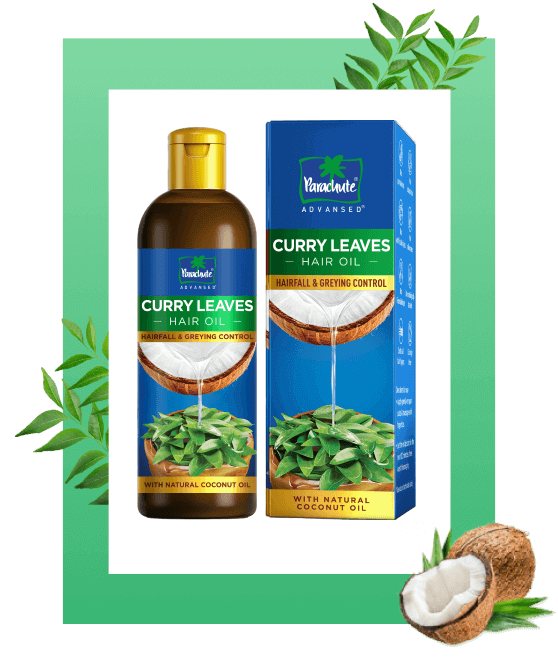Parachute Advansed Curry Leaves hair oil bottle with ingredients