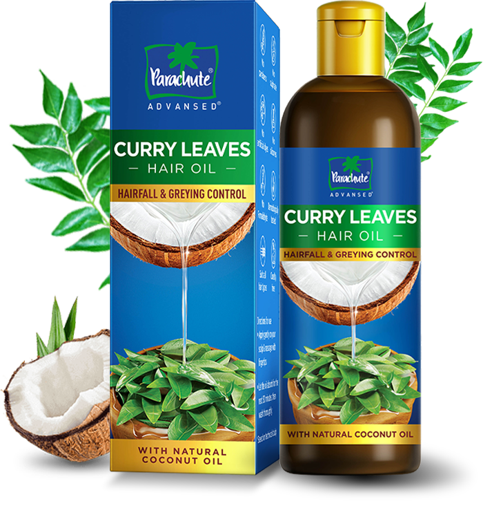 A bottle of Parachute Advansed Curry Leaves hair oil bottle