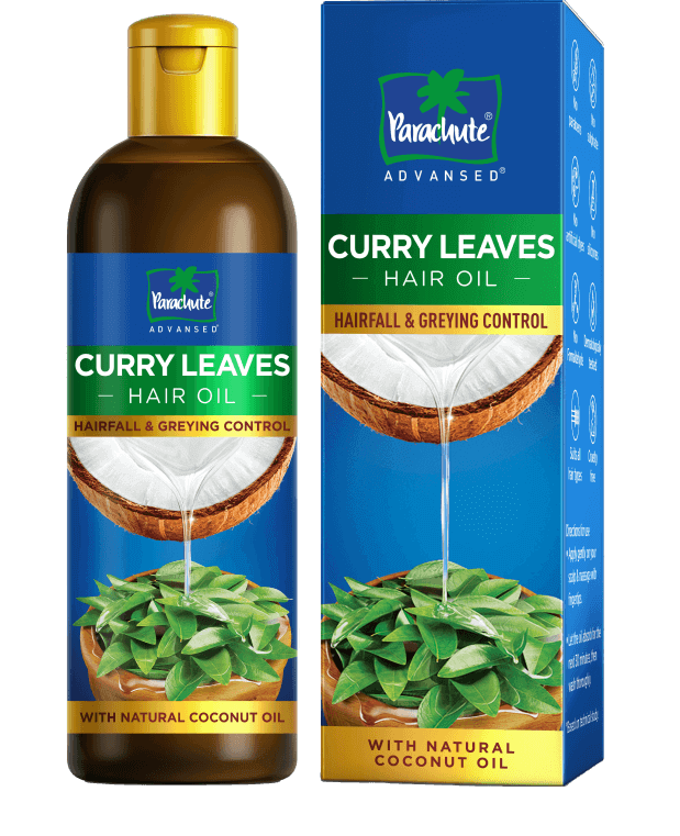 A bottle of Parachute Advansed Curry Leaves hair oil bottle