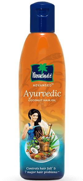 A bottle of Parachute Advansed Ayurvedic coconut hair oil